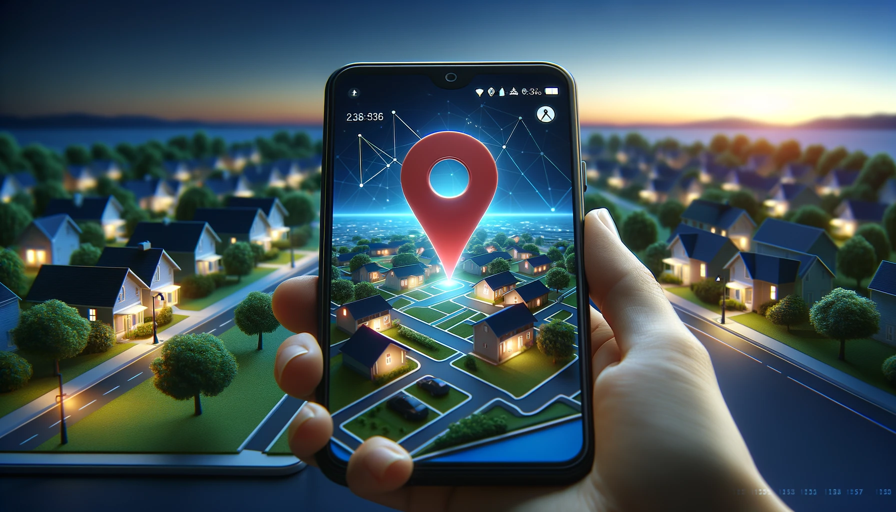 an open smartphone displaying a location-sharing app map with a pinpoint on a residential area, symbolizing safety and connectivity.